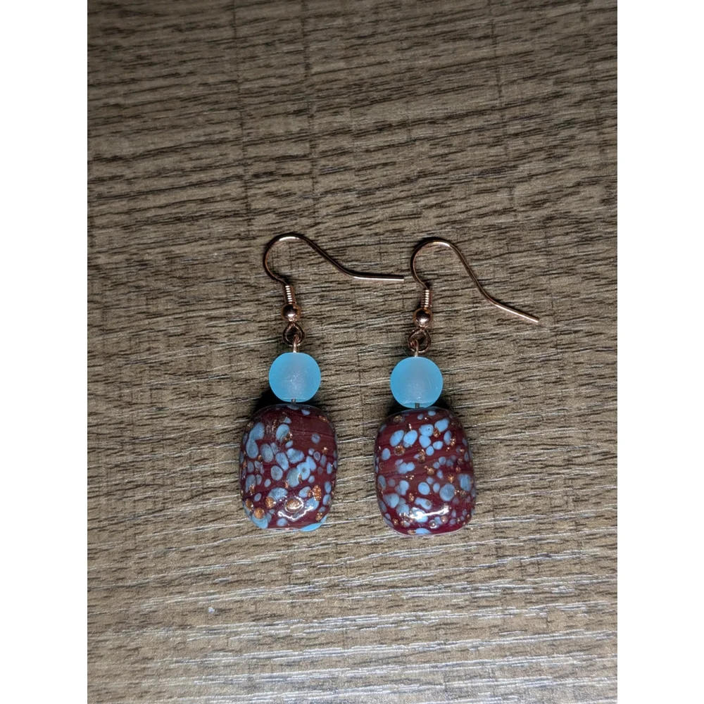 Blue & Brown Glass Dangle Earrings with Rose Gold Hooks Handmade Speckled Bead - Picture 4 of 8